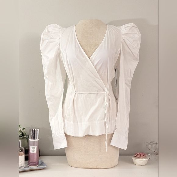 Jason Wu Cotton Long Puff Sleeve Wrap Blouse - Picture 2 of 15